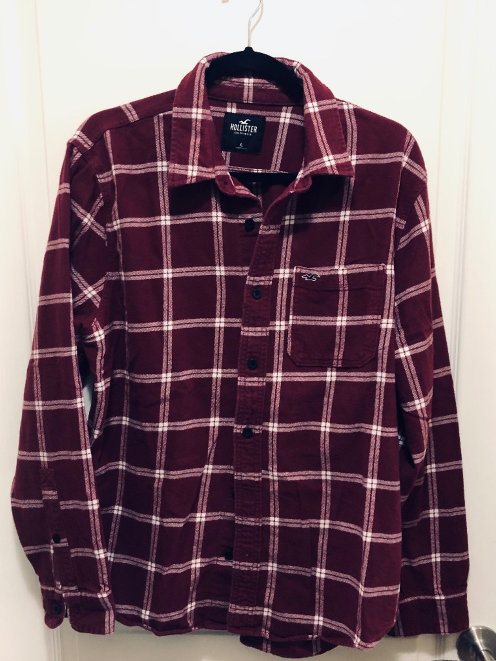 Hollister XL plaid flannel shirt burgundy white button front cotton unisex